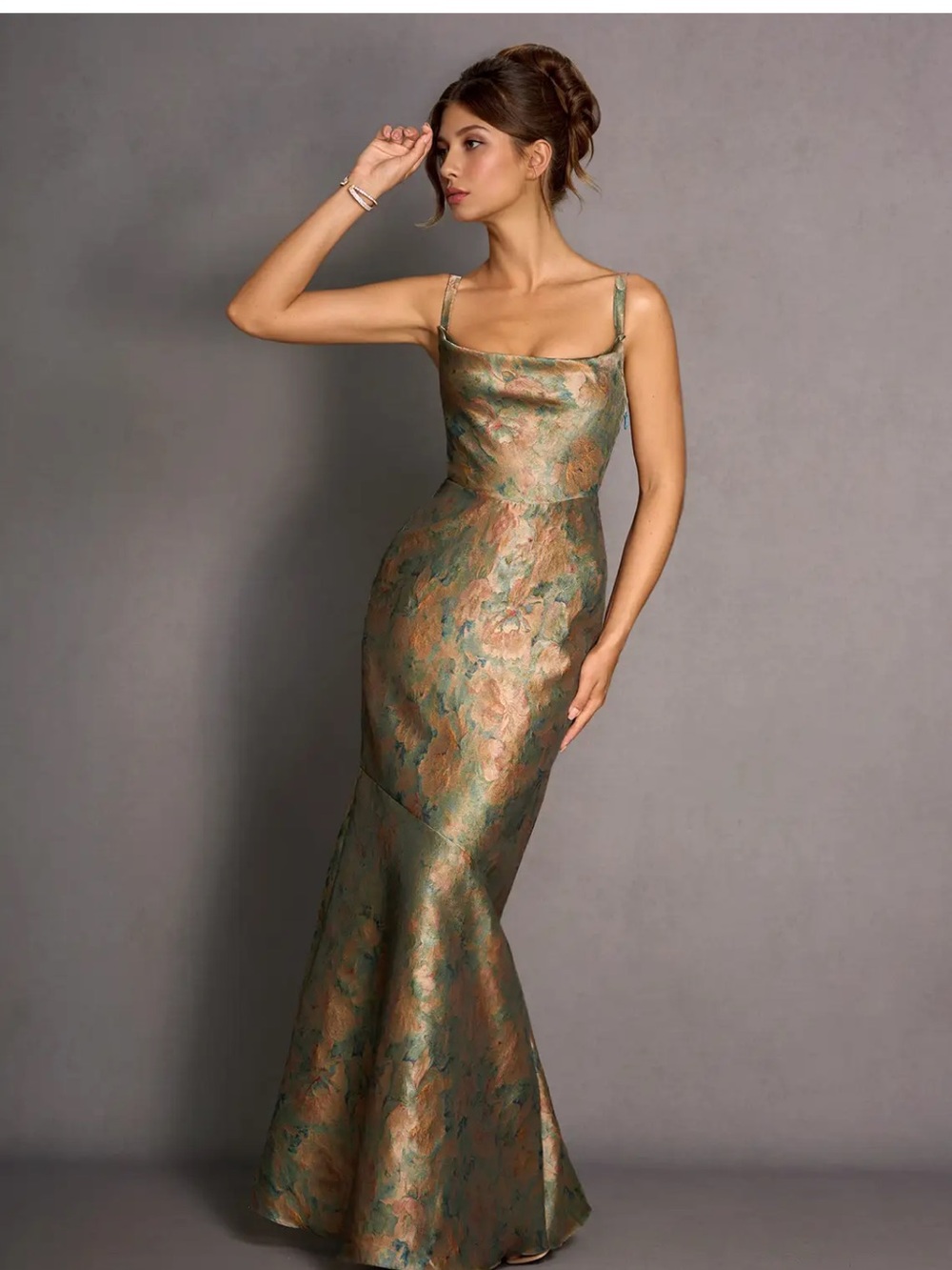 Azazie Green and Copper Brocade Maxi Dress